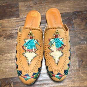 FARM Rio Tan Leather Beaded Tassel Embroidered Mules